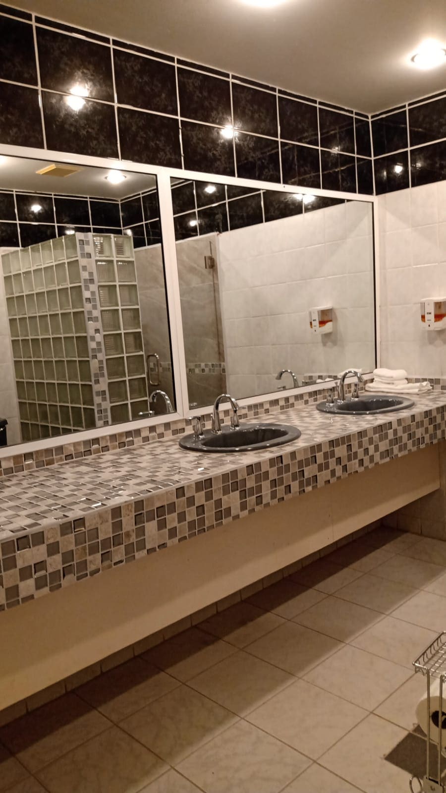 A spacious bathroom is equipped with dual sinks set in a mosaic-patterned countertop. Large mirrors reflect the well-lit area, enhancing the room's brightness. A glass-enclosed shower occupies one side, while neatly arranged towels are available for guests.