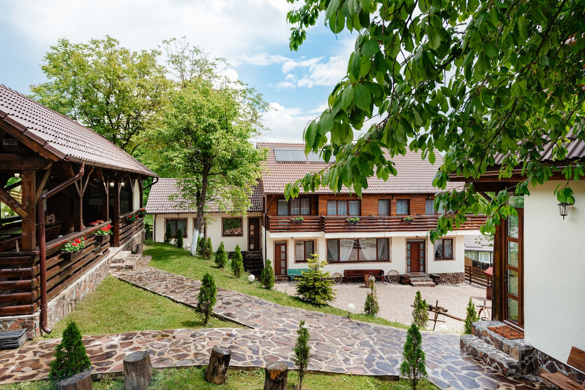 The image depicts a charming agropensiune with a rustic design, surrounded by trees and greenery. A stone pathway leads through the landscaped yard, connecting various sections of the building, while flower boxes add natural accents along the wooden structures.