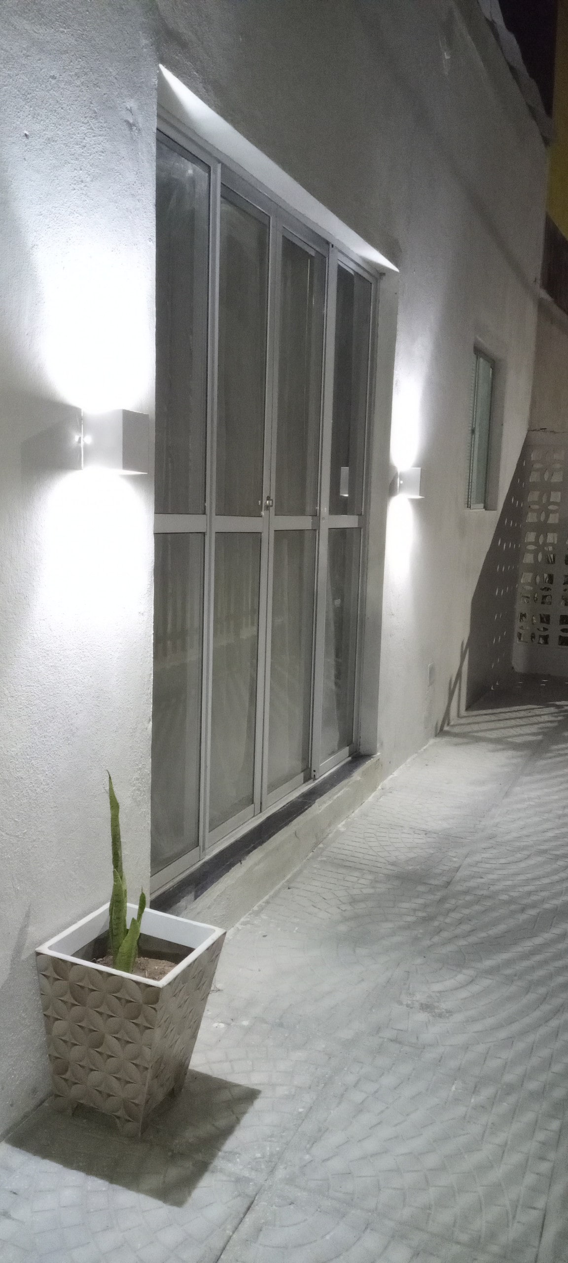 A white exterior wall is illuminated by wall-mounted lights, highlighting a set of glass doors. A potted plant is positioned beside the entrance, while a patterned ground features gentle shadows cast by the ambient lighting.