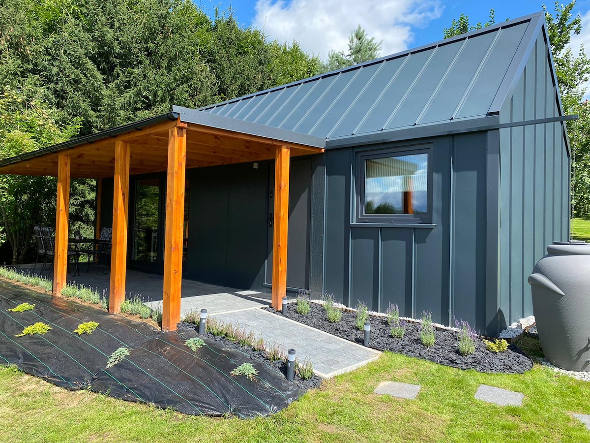 The exterior of the house displays a modern design with a pitched metal roof and wooden supports. A stone pathway leads to the entrance, flanked by well-maintained landscaping featuring low plants and gravel. Large windows offer a view of the surrounding greenery.