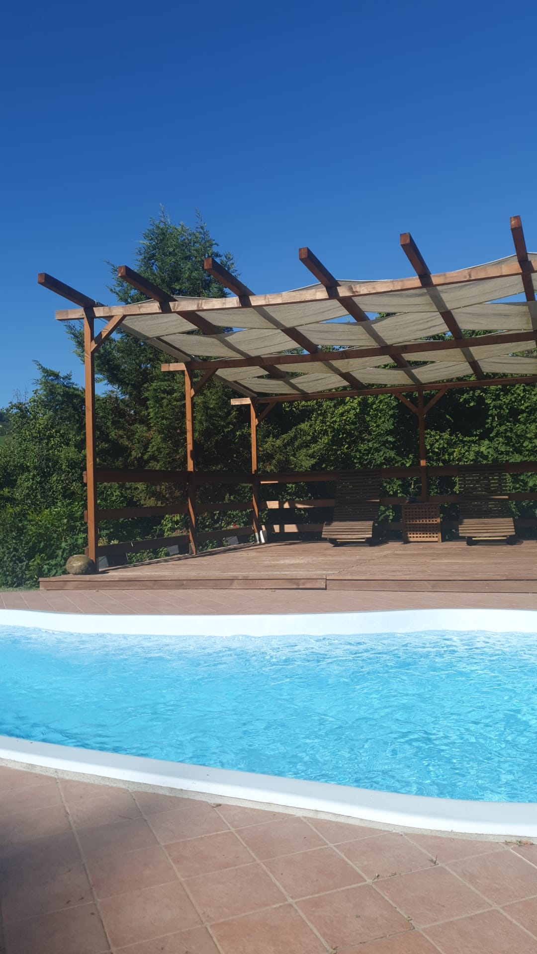 A small pool is framed by a wooden deck with a shaded gazebo nearby. Two lounge chairs are positioned under the gazebo, surrounded by greenery. The clear blue sky complements the tranquil setting.