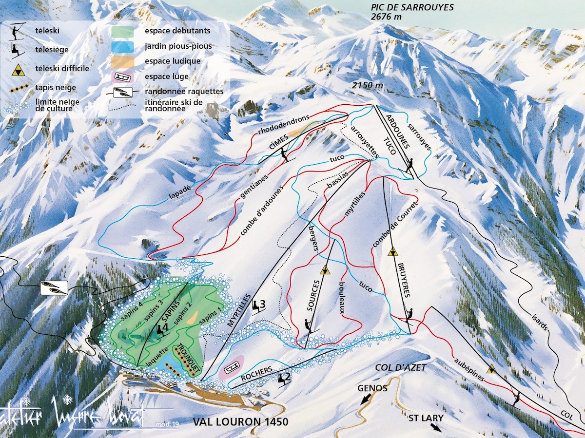 A detailed ski resort map is displayed, illustrating the layout of slopes and trails at Val Louron. Key features include various difficulty levels indicated by color-coded lines and marked zones for beginners and advanced skiers. Notable landmarks and elevation details are also prominent.