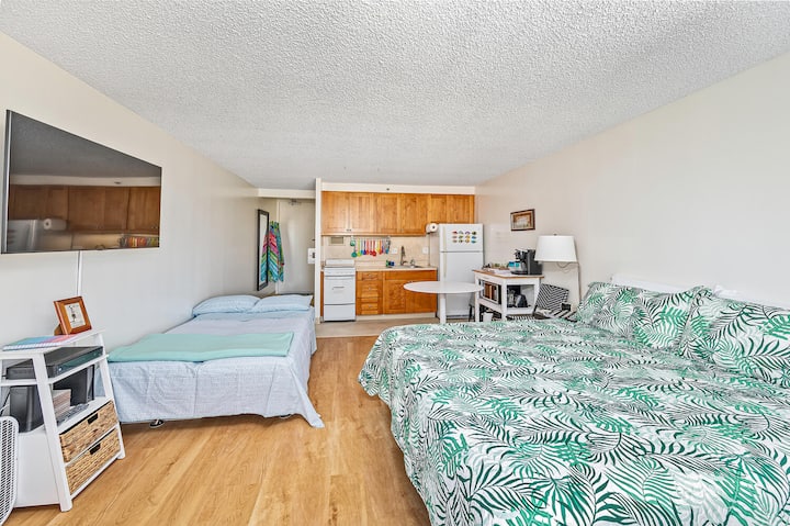 Keep room open & bright, close the black out curtains or just use the window sheers for your personal enjoyment of the fully adjustable wall-mounted  55"  Smart TV. Internet has up to 400Mb dnld & 20Mb upld speeds.