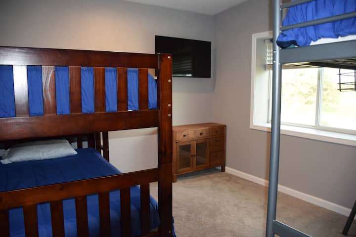 1. Wooden Bunk bed - Double size, 2. Silver bunk- twin size,  3. Bottoms futon - single size.