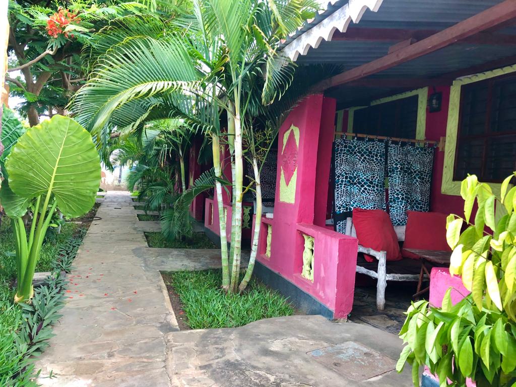 A stone path winds through a lush garden, bordered by vibrant tropical plants. Colorful pink walls of the building are complemented by decorative elements and visible seating areas. A serene atmosphere is created by the surrounding greenery and open space.