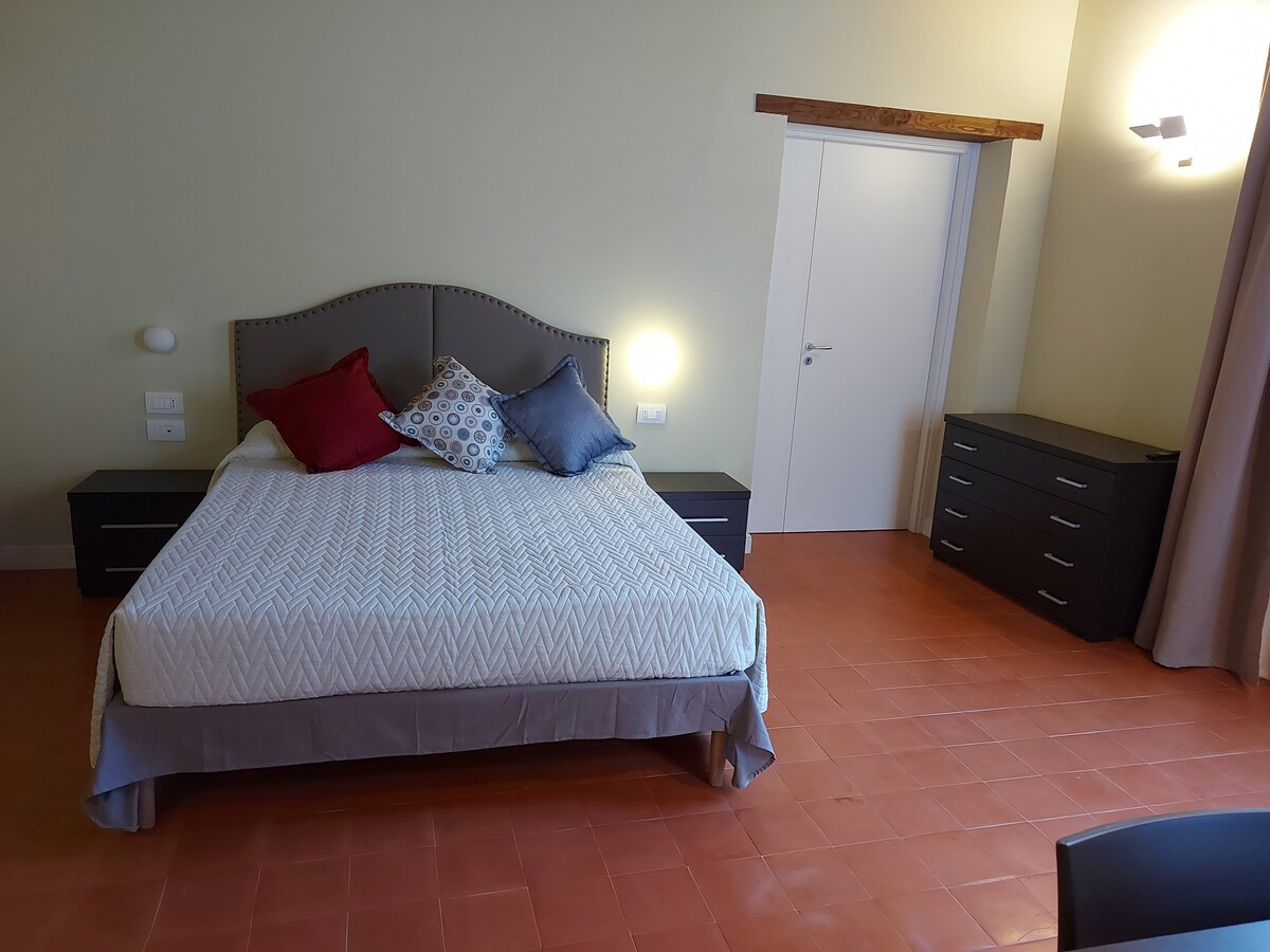 A spacious sleeping area features a large bed with a light-colored quilt and an array of decorative pillows. Two bedside tables with lamps flank the bed. A wooden accent beam is visible above, and a wardrobe stands against the wall opposite a white door.