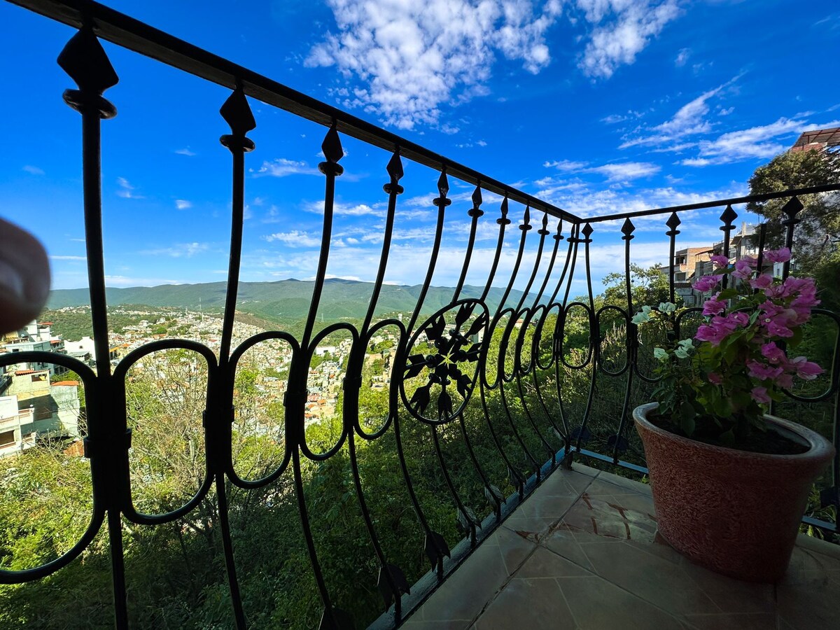 A balcony with elegant wrought-iron railings offers a view of the surrounding landscape. A potted plant with pink flowers adds a touch of color. The sky is clear with scattered clouds, enhancing the scenic outlook over the city and hills.