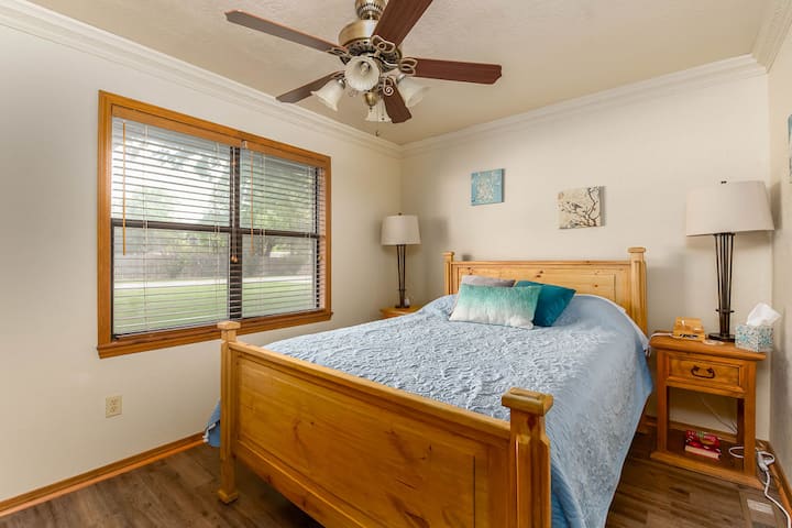 306 Chigley - First bedroom by the front door. Most bedrooms have a phone charging station on one bedside table. 