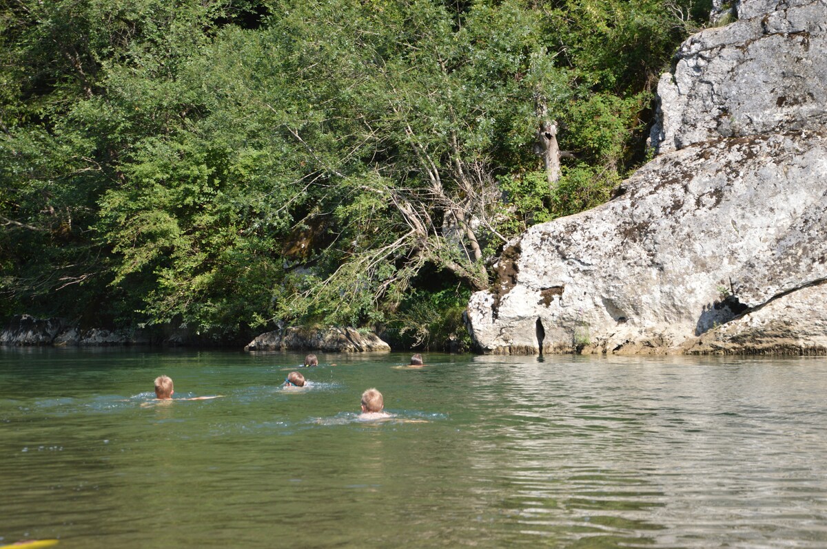 Individuals swim in the clear waters of the river, surrounded by lush greenery and rocky banks. Sunlight filters through the trees, creating a serene atmosphere. The natural landscape offers a peaceful retreat, inviting enjoyment of the outdoor surroundings.