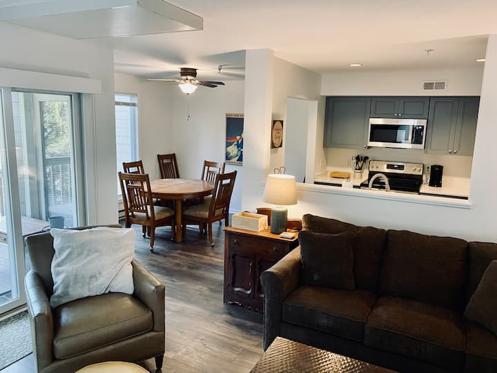 Step into the brand-new galley kitchen—fix a drink or prep dinner while enjoying the fire or watching a movie