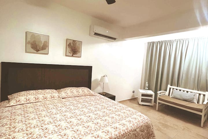 Master bedroom with king size bed, tv with Netflix and private bathroom.