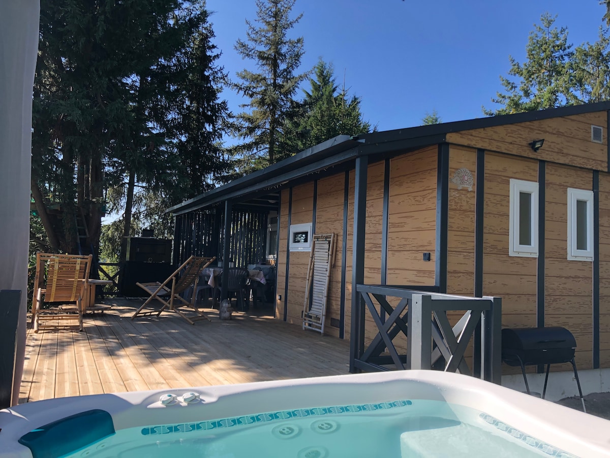 A modern chalet showcases a wooden exterior surrounded by trees, featuring a spacious terrace with outdoor seating. A jacuzzi is positioned in the foreground, inviting relaxation. The scene is enhanced by clear blue skies, creating a serene atmosphere.