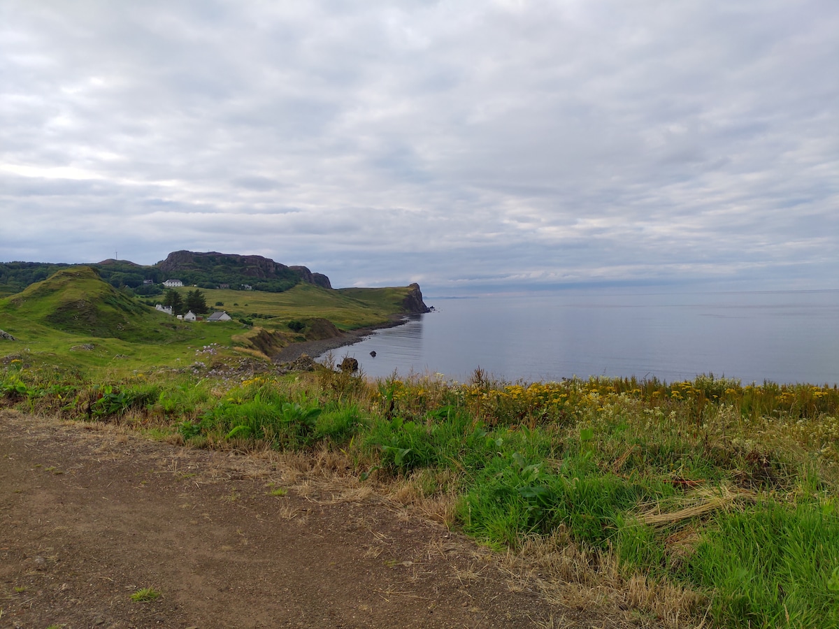 A wide view captures the serene coastline with gentle hills in the background. The calm water reflects the cloudy sky, while various green grasses and wildflowers create a natural foreground. The scene invites moments of tranquility and connection with nature.