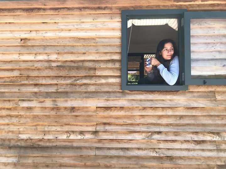 Shepherds Hut surrounded by apple orchards