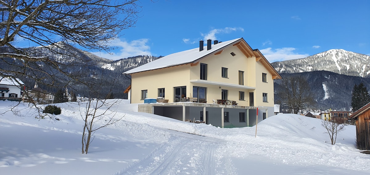 The exterior of a spacious house is depicted with a sloped roof and large balconies. Snow blankets the surrounding landscape, while distant mountains are visible against a clear blue sky. A clear pathway leads to the entrance, enhancing accessibility.