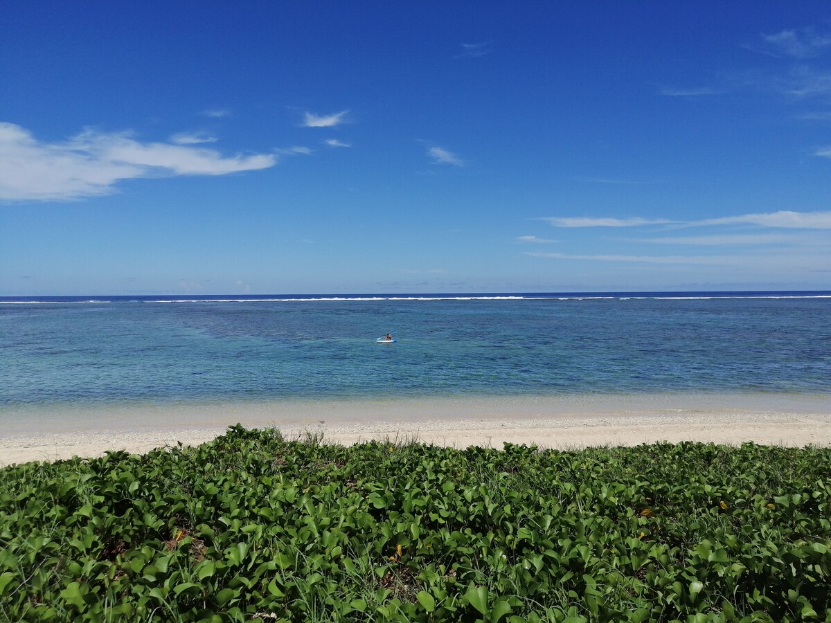 A tranquil beach scene is depicted with soft, white sand bordered by lush green vegetation. Gentle waves are seen lapping against the shore, while a clear blue sky extends above, creating a serene atmosphere. A single figure on a paddleboard is visible in the calm, turquoise lagoon.