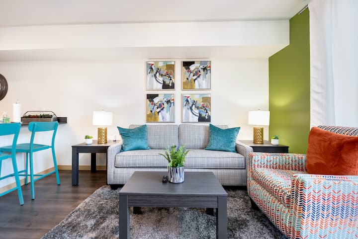 Unwind on the cozy couch after a long day of work or adventure and catch up on your favorite shows—YouTube TV included! This living room is designed to help you shift into chill mode effortlessly.
