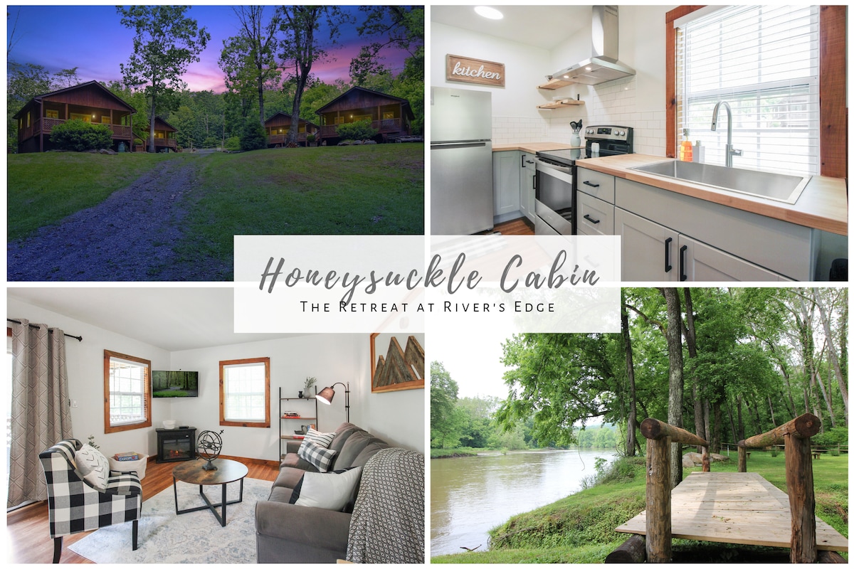 The exterior view shows Honeysuckle Cabin nestled among trees, with a pathway leading up to it. The interior kitchen features modern appliances and ample counter space. The cozy living area offers comfortable seating and a flat-screen TV. A peaceful riverside scene reveals lush greenery beside the water.