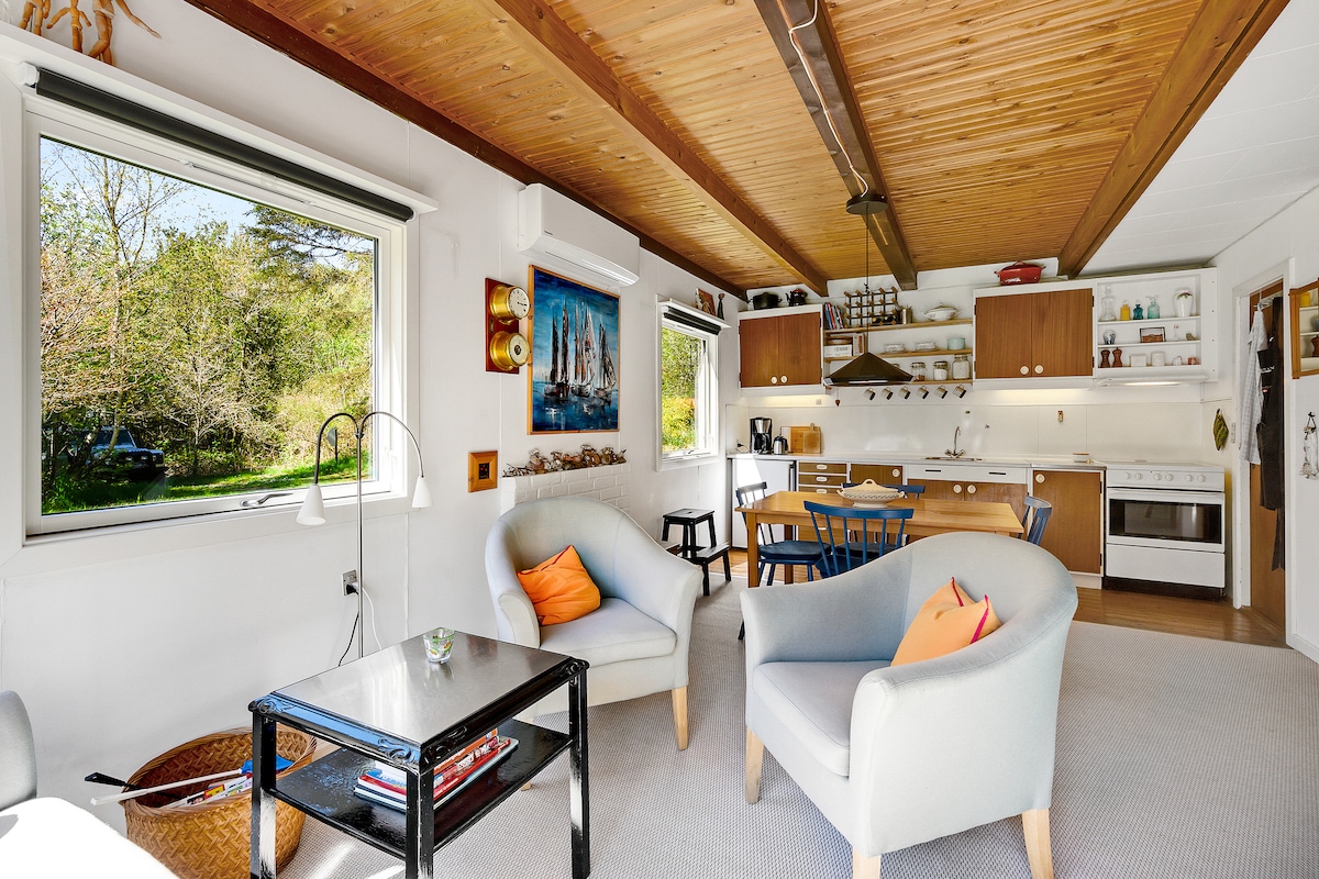 A bright living area is presented with two light-colored armchairs and a dark coffee table. A spacious kitchen with wooden cabinets and essential appliances is visible in the background. Natural light enters through windows, highlighting the cozy atmosphere and inviting decor.