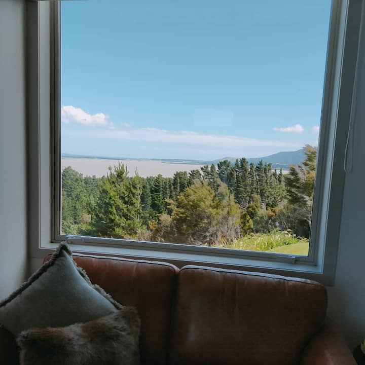 View of Lake Wairarapa from picture window looking South.  Comfortable leather couch facing TV.

Added value: you will not see any other houses from anywhere inside or outside Tui Suite.