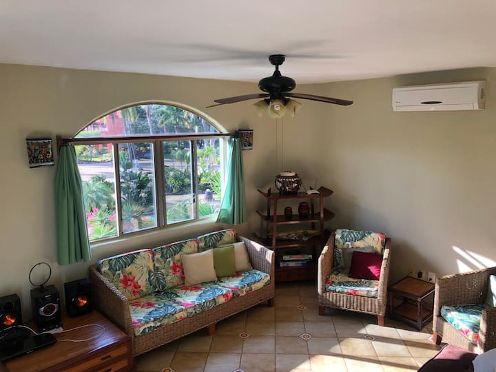 May magagandang tanawin ng hardin at air conditioning ang sala.