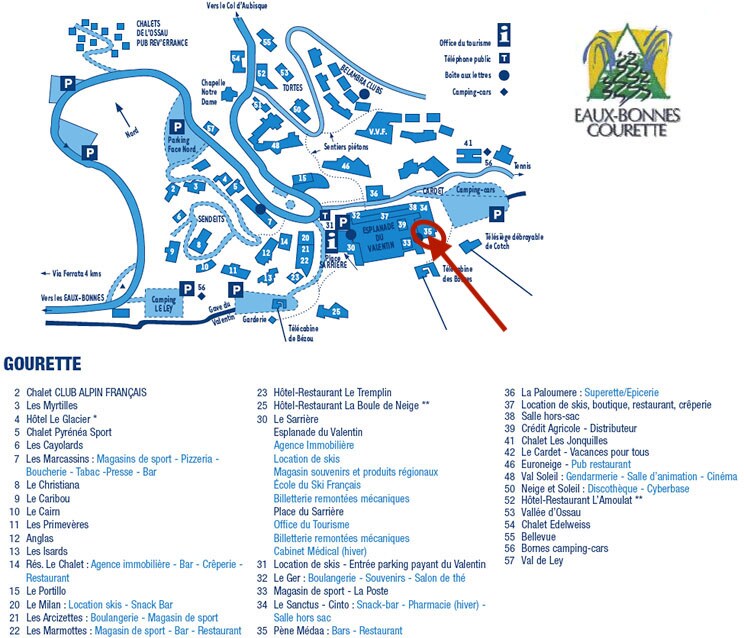 A detailed map of the Gourette area is displayed, highlighting various locations such as restaurants, bars, and ski rental shops. The proximity of the apartment is marked, indicating access to the ski pistes and nearby amenities for convenience.