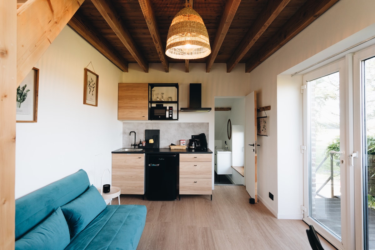 A modern studio interior features a teal sofa and a kitchenette with wooden cabinetry. Natural light flows in through large glass doors, enhancing the welcoming feel. Exposed wooden beams add warmth to the ceiling, while a woven light fixture provides ambient illumination.