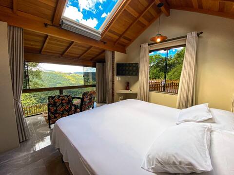 Chalet amidst nature with skylight.