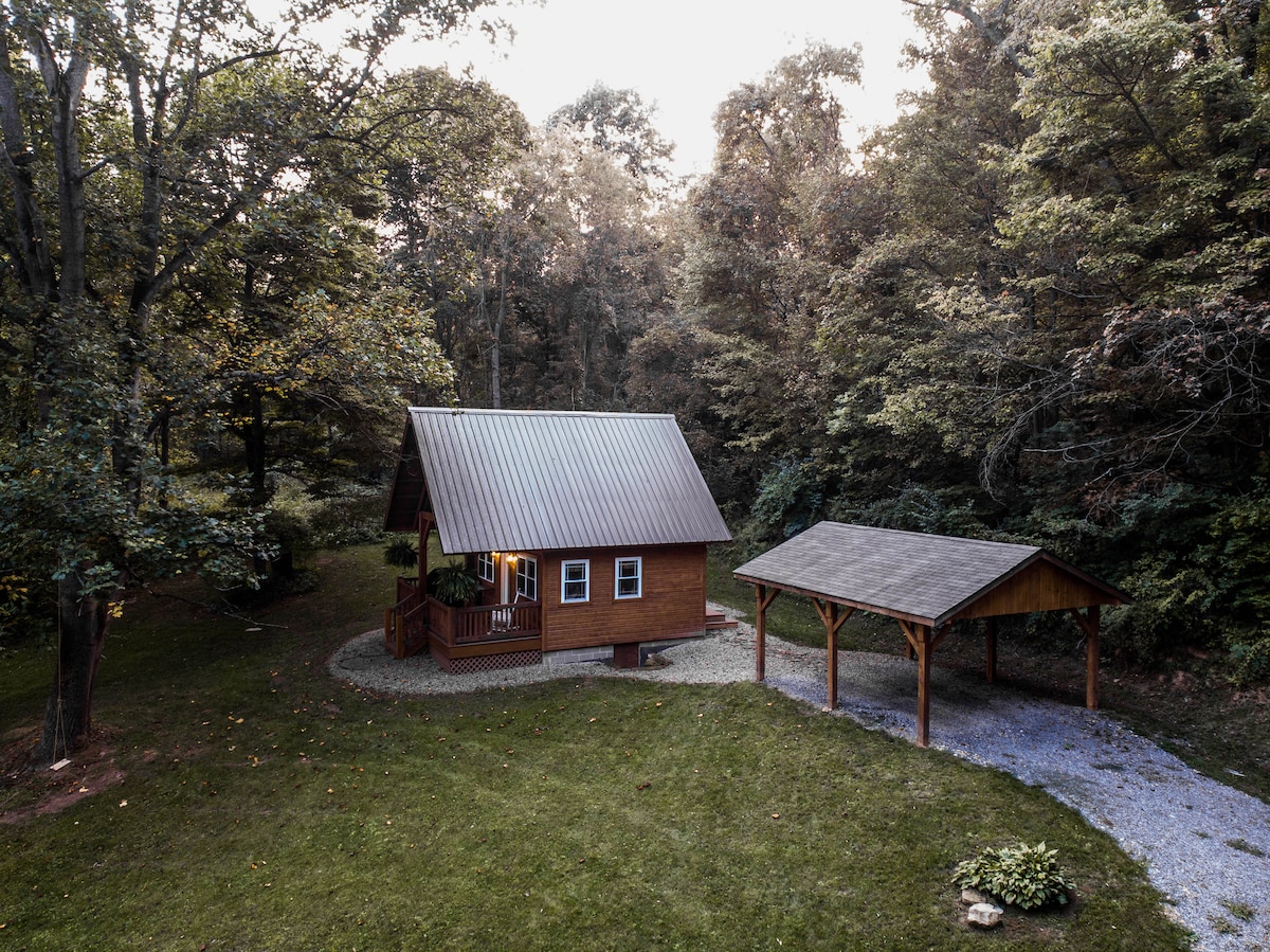 A charming cabin is nestled among trees, featuring a pitched roof and wooden exterior. A carport is positioned adjacent to the cabin, while a gravel driveway leads up to it. Lush greenery surrounds the property, conveying a sense of seclusion.