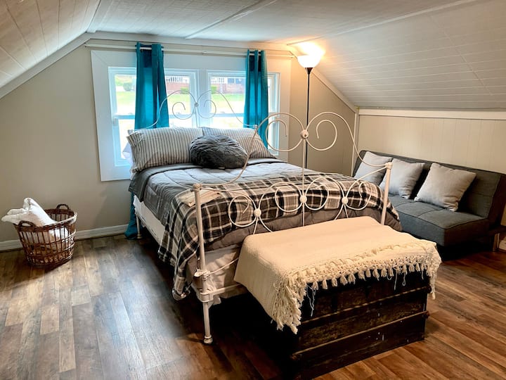 Antique full size frame with New mattress and box spring with lay down sleeper sofa.