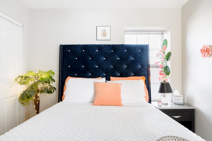 The Velvet Safari Bedroom,  with QUEEN size bed.  Ceiling fan and palm tree night light. Stadium Oasis Glendale, Az