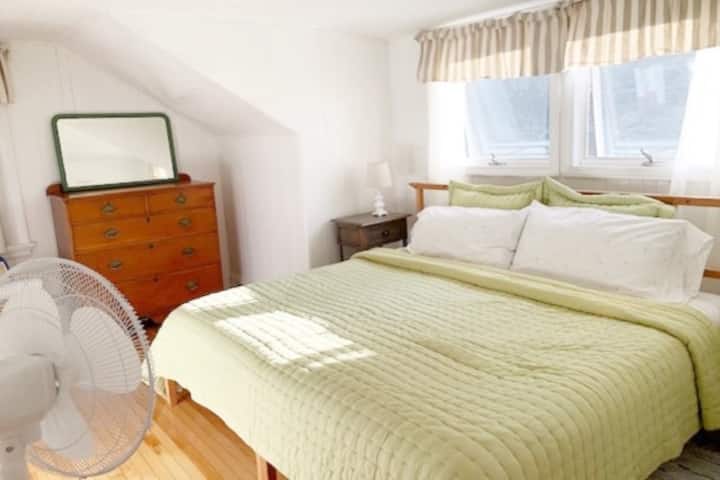 The Master Bedroom has a king bed and offers amazing views of the back yard. Both bedrooms offer amazing views of the large front and rear yards and the ocean. It has charming antique pine floors and bead-board detailing throughout.