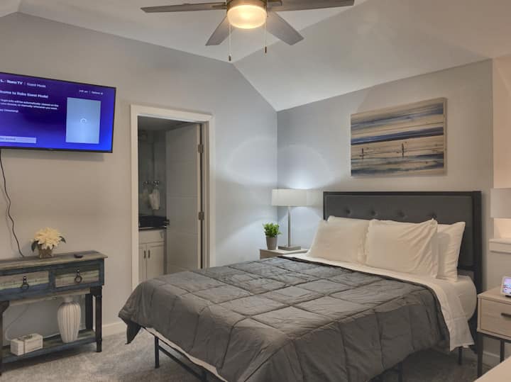 Bedroom 2 is located in the loft and has a private bathroom.  The room is fitted with a smart ROKU TV. 