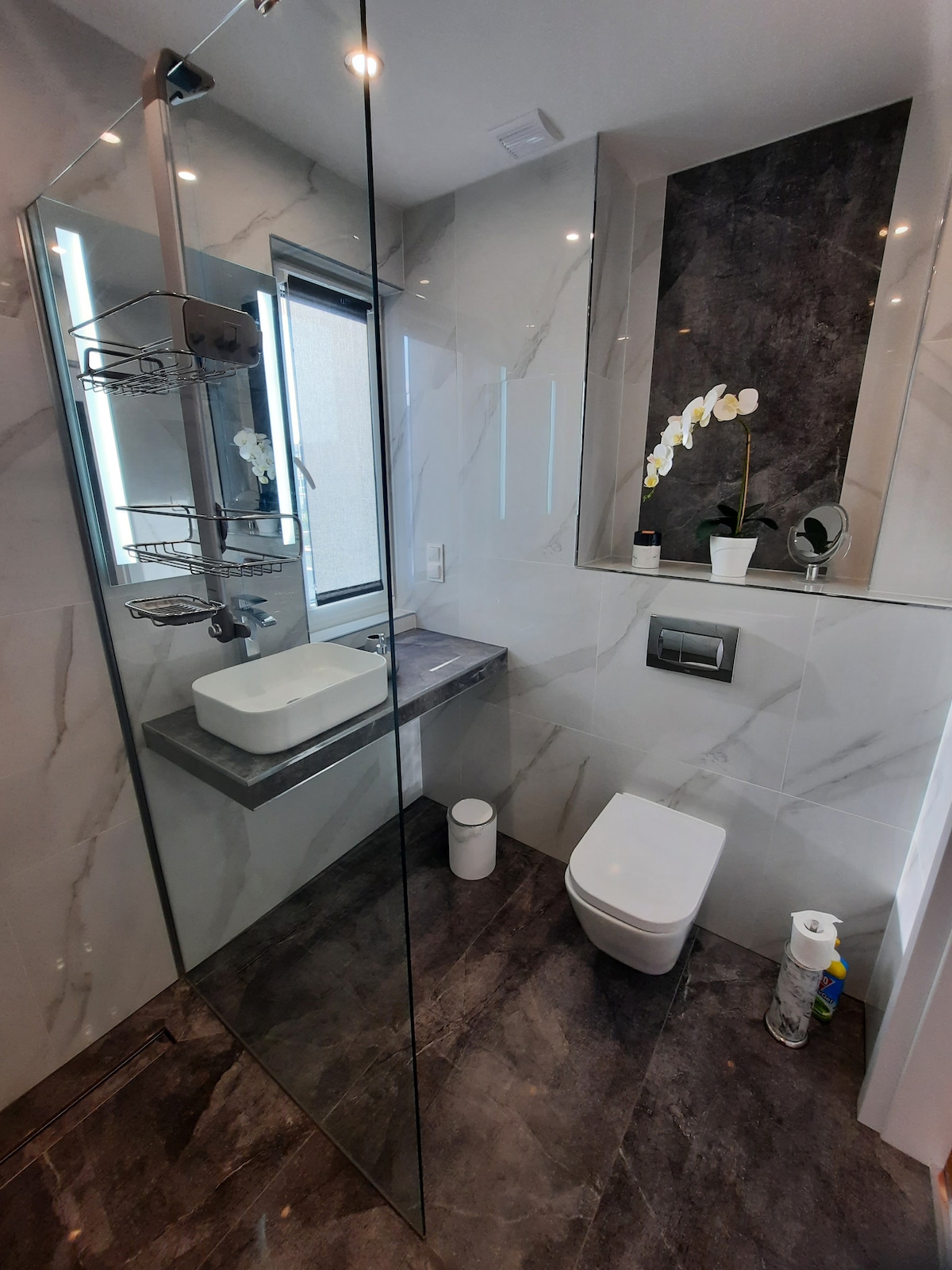 A modern bathroom features a spacious glass shower with a wide opening. A sleek countertop holds a rectangular sink, while a minimalistic toilet is positioned nearby. Decorative elements include an orchid and a small shelf accenting the marbled walls.