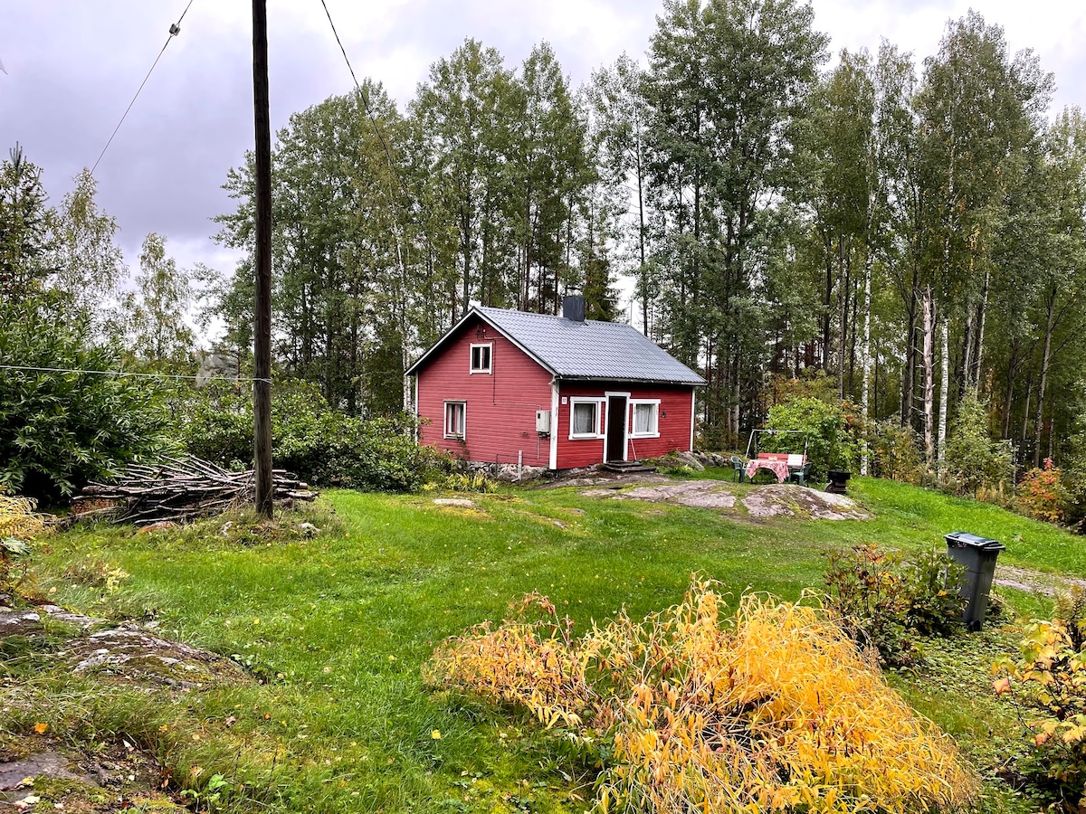 A traditional red cottage is positioned within a lush, green landscape surrounded by trees. The sloping roof and white-framed windows contrast with the natural setting. Areas of wild foliage and fallen leaves add to the serene atmosphere, while the space provides ample room for outdoor activities.
