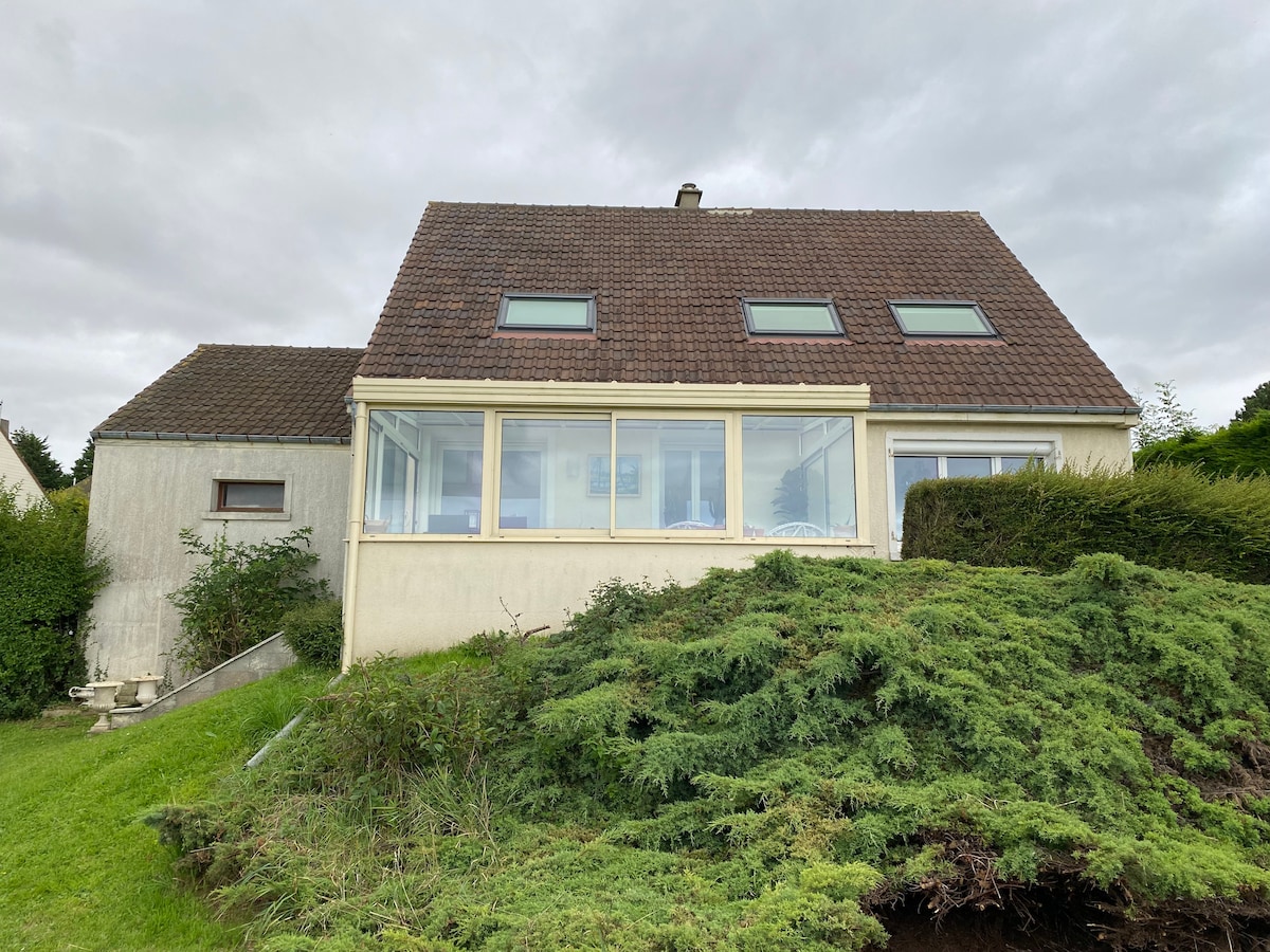 A two-story house is shown featuring a sloped roof and multiple skylights. A spacious glass veranda extends from the home, offering a view into the garden. Surrounding greenery, including a well-maintained shrubbery, frames the property.