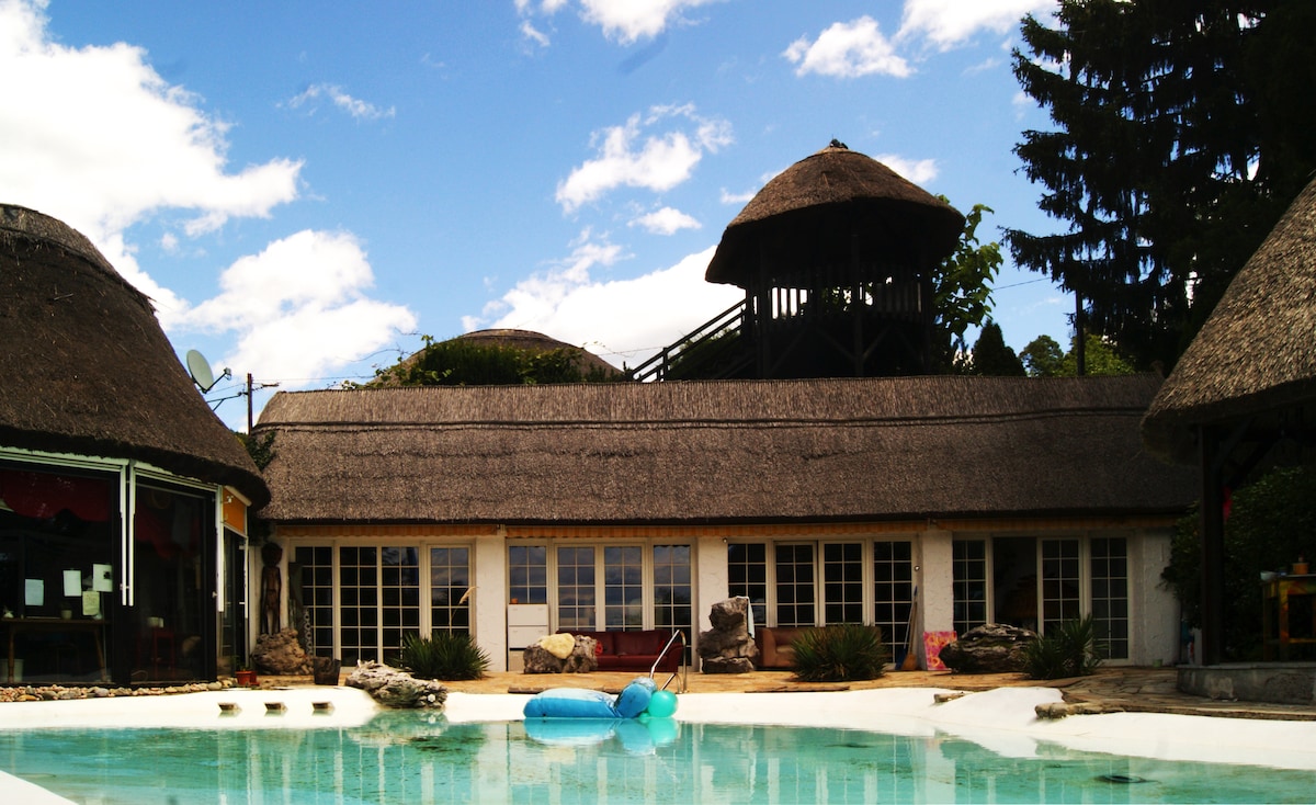 A spacious outdoor area features a refreshing pool, accompanied by a large thatched-roof building. The surrounding landscape displays greenery and rock formations, while clear blue skies create a bright ambiance. An inviting lounge area can be seen near the pool, enhancing relaxation options.