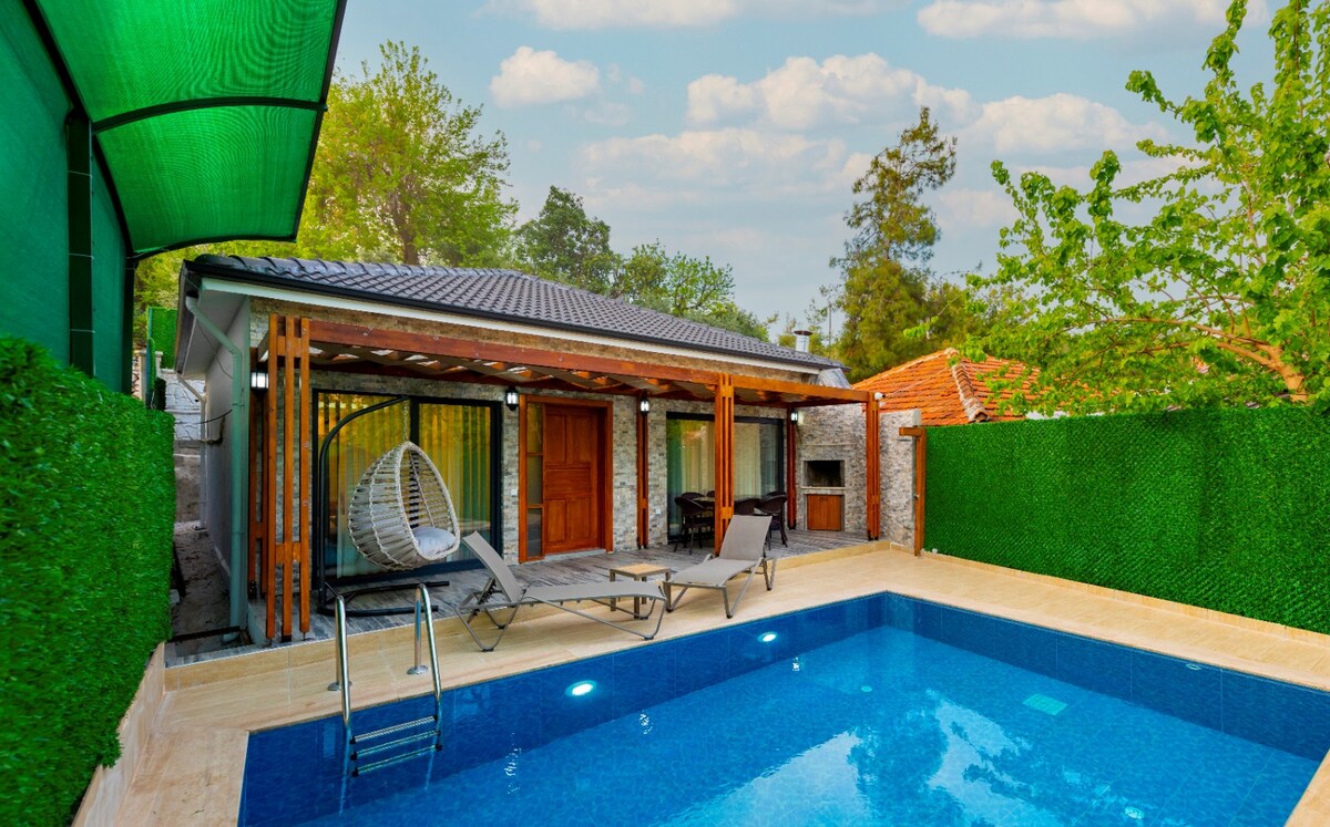 The exterior of the villa is depicted, featuring a private swimming pool with a depth of 1.5 meters. Two loungers are positioned beside the pool under a green shade, while a wooden structure with large windows showcases a cozy seating area. Lush greenery surrounds the space.