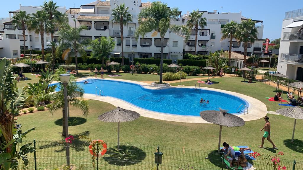 A communal pool is surrounded by lush greenery and palm trees, creating a relaxing environment. Loungers are positioned around the pool, with umbrellas providing shade for guests. Colorful pool floats and individuals enjoying the water can be seen, illustrating a vibrant outdoor space.