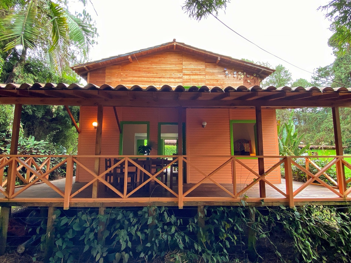 A wooden cabin features a spacious deck with a railing, surrounded by lush greenery. The structure is built with natural wood, showcasing large windows and colorful trim. A warm light illuminates the entrance, providing a welcoming touch to the outdoor space.