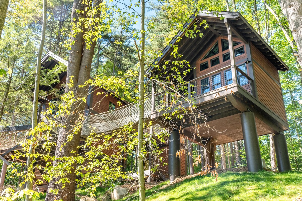 The treehouse is elevated on sturdy pillars and surrounded by tall trees. A connecting rope bridge leads to another structure, showcasing a blend of wood and natural elements with large window sections that allow for ample light.