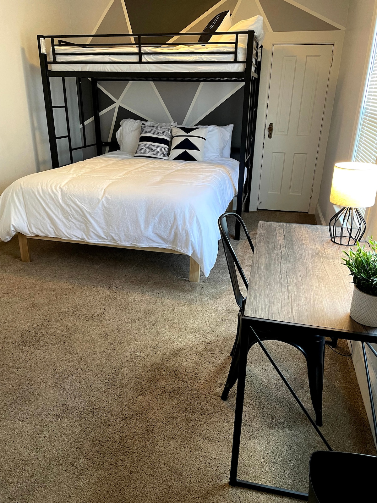 Bedroom #2 includes a queen bed, lofted twin bed, twin bunk beds, and desk.