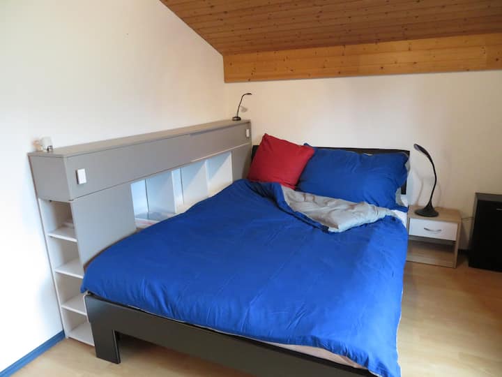 Au 1er étage la chambre Bleu. Un grand lit 140x200, 2 petites armoires de rangement, table de chevet. 2 duvets et 2 coussins, avec duvets supplémentaires et toute la literie nécessaire. TV, Hi-fi Bluetooth, Spotify, bureau iMac avec internet.
