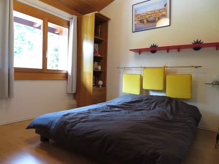 Au 1er étage la chambre grise. Un grand lit de 160x200, grande armoire de rangement, armoire penderie à 2 portes. 2 duvets et 2 édredons, avec duvets supplémentaires et toute la literie nécessaire.