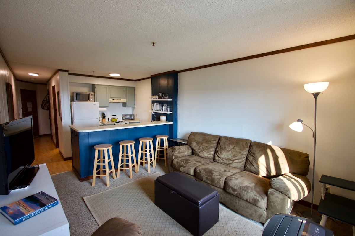 The living area features a spacious sectional sofa, a coffee table, and a flat-screen television. Light streams in from the window, highlighting the relaxed setting. A compact kitchen bar with stools is visible in the background, enhancing the open layout of the space.