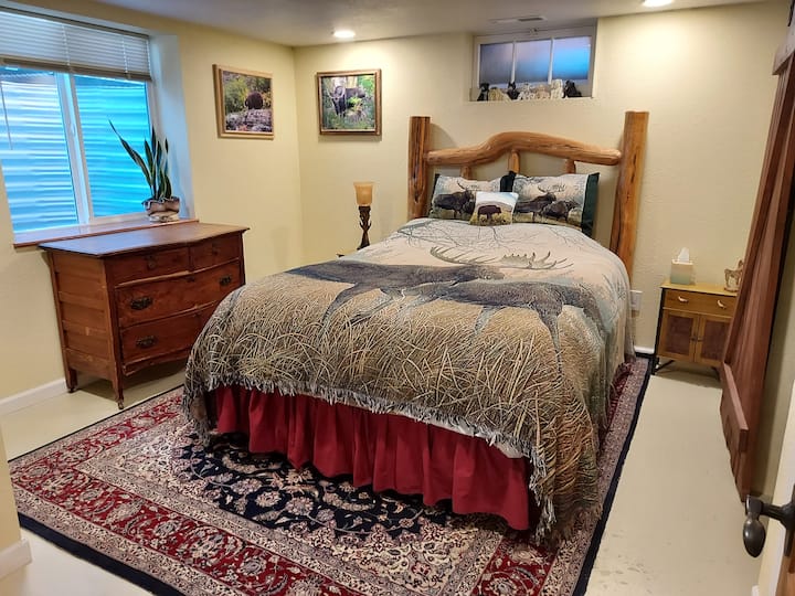 Спалня с МНОГО удобно легло тип Куин на възглавница и голям изходен прозорец за безопасност.  В сутеренния апартамент има 4 прозореца! (баня вдясно с плъзгащ се барндур.)