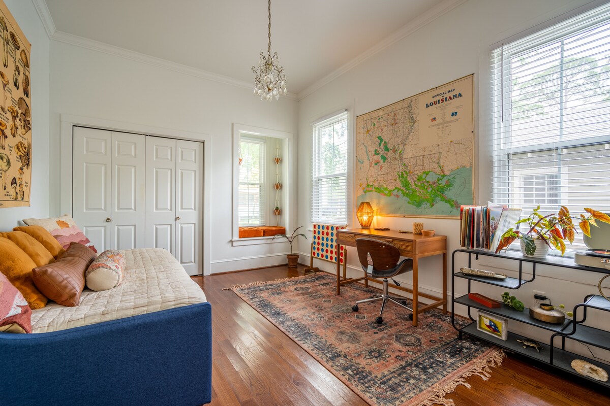 The day room comes complete with its own work space! Although, we hope you don't have to do any work while you are here! ;) It also features a record player, records, and games as well as a twin trundle bed.