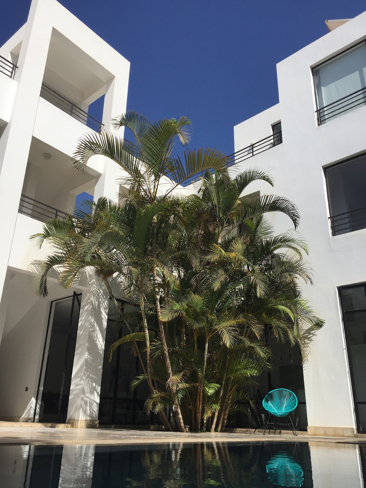 A modern villa features a central swimming pool surrounded by tall palm trees. The structure showcases white walls and expansive glass windows under a clear blue sky. A green chair provides a pop of color, inviting relaxation by the water.
