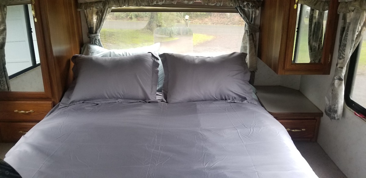The sleeping area within the motorhome features a spacious bed adorned with soft grey linens and two plush pillows. Natural light filters through large windows, complemented by tasteful curtains. Storage is provided by built-in cabinetry on either side of the bed.
