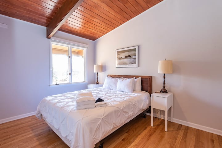 The third bedroom has a queen size memory foam bed and blackout shades.